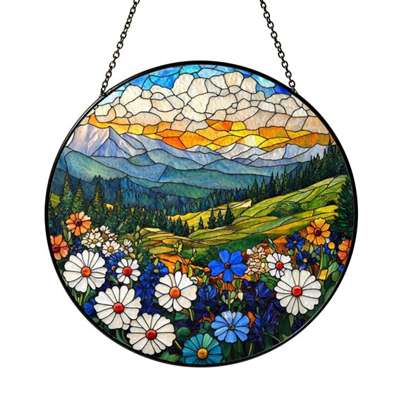Bright Meadow Wildflower Suncatcher Round Window Panel Ornament Decor
