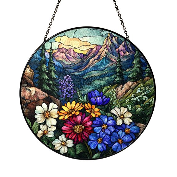 Bright Meadow Wildflower Suncatcher Round Window Panel Ornament Glass
