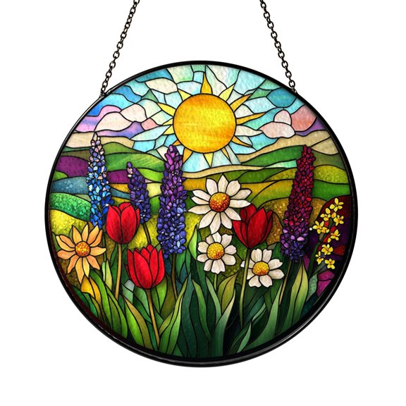 Bright Meadow Wildflowers Stained Glass Window Suncatcher Circular Sun Catching Garden Inspired Decor