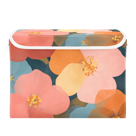 Bright Modern Flowers Large Storage Bins with Linen Collapsible Lid Storage Box 16.7 x 12.6 x 11.8in