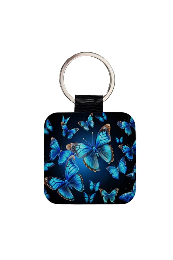Bright Neon Blue Butterflies Faux Leather Square Keychain