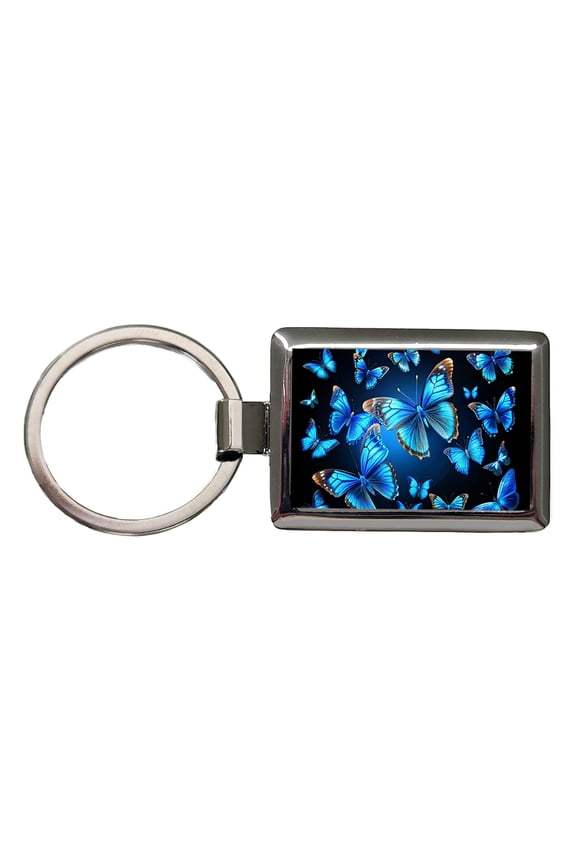 Bright Neon Blue Butterflies Metal Rectangle Keychain