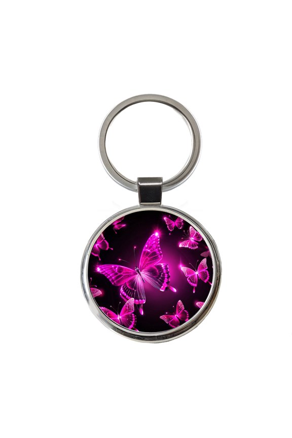 Bright Neon Pink Butterflies Metal Round Keychain