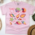 thumbnail image 1 of Bright Ocean Shells and Starfish Shirt for Women, Cute Pastel Beach Graphic Tee, Light Pink, Size L, 1 of 6