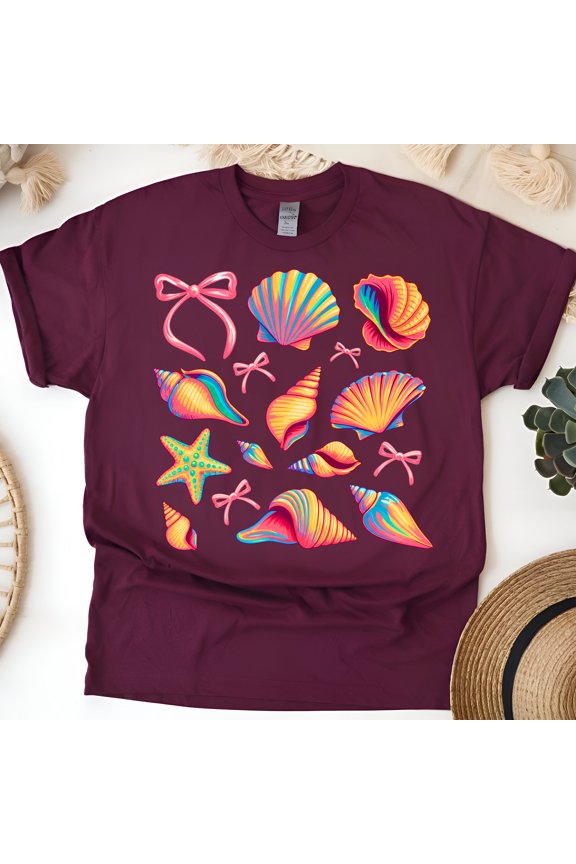 Bright Ocean Shells and Starfish Shirt for Women, Cute Pastel Beach Graphic Tee, Maroon, Size L