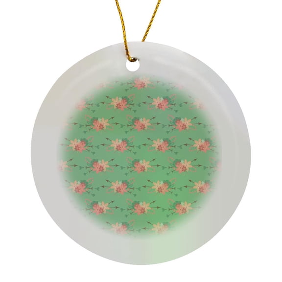 3drose, Bright Orange and Green Floral Arrow Pattern, Circle Porcelain Ornament