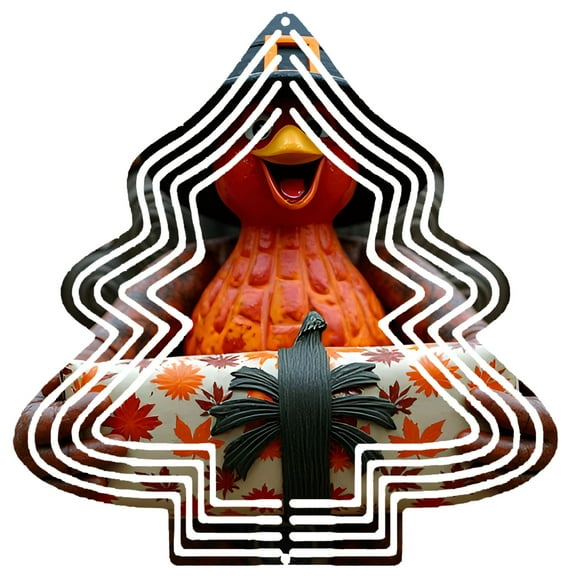 Bright Orange Bird with Gift in Christmas Tree Outline - Metal Hanging Wind Spinner for Garden & Yard Decor Festive Autumn Design