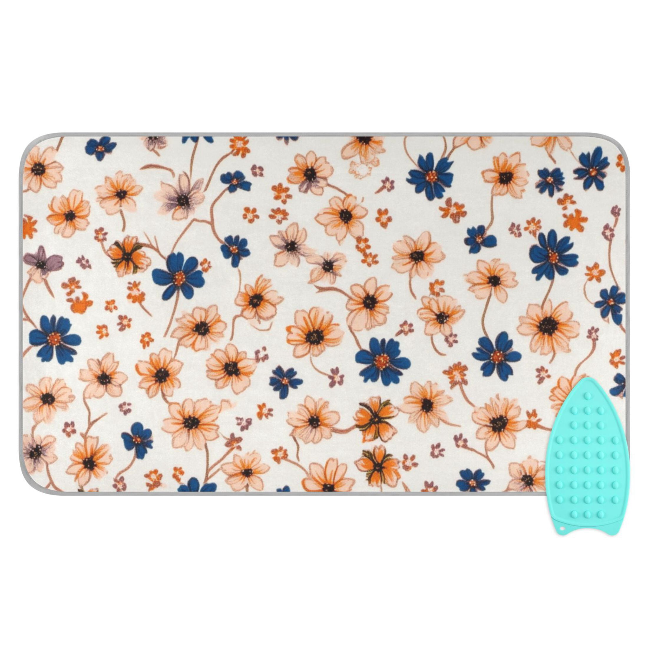 Bright Orange Blue Flowers Ironing Mat Blanket for Table Top Travel Portable Ironing Board Pad 47.2x27.6 Inch