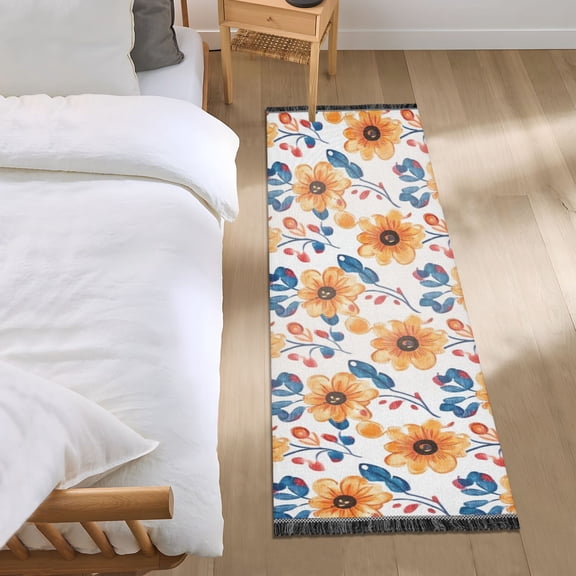 Bright Orange Flowers Bedroom Runner Rug 2'x 6' Non Slip Carpet Indoor Home Area Rug Living Room