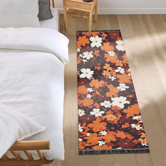 Bright Orange Flowers Bedroom Runner Rug 2'x 6' Non Slip Carpet Indoor Home Area Rug Living Room