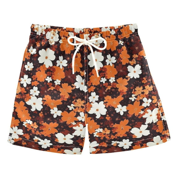 Bright Orange Flowers Boys Swim Trunks Quick Dry Boy Swim Shorts for 3-14 Years