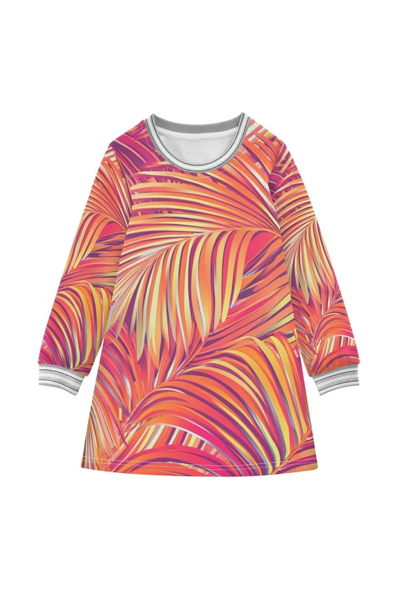 Bright Orange Pinkish Palm Leaves Long-sleeved Dress A-line One-Piece Dress for 2-8 Years Casual Party 2T