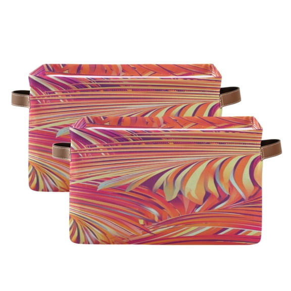 Bright Orange Pinkish Palm Leaves Square Storage Bins with Handles Collapsible Containing Box 2 Packs