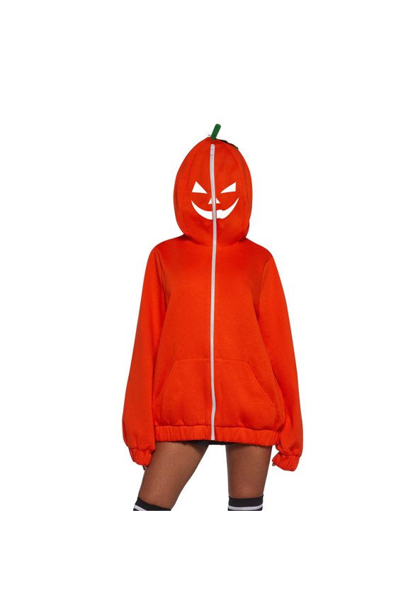 Bright Orange Pumpkin Hood Jacket, Halloween Bright Pumpkin Zip Up Hood Jacket,Jack O Lantern Print Soft Plush Outerwear With 3D Stem, Oversized Halloween Cosplay Loungewear Coat, Yellow S