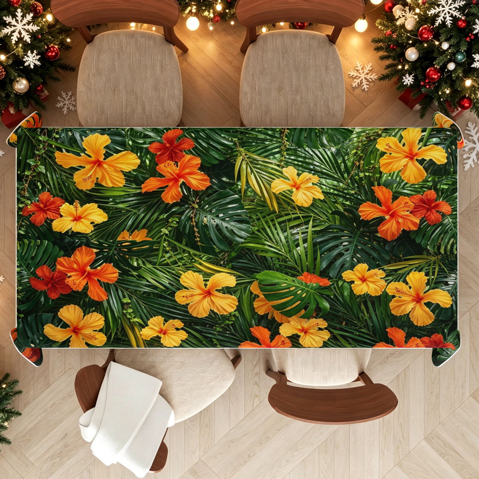 Bright Orange Tropical Floral Pattern Rectangle Tablecloth, Easy Clean ...