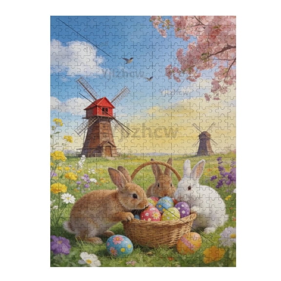 Bright Outdoor Scene Bunny Floral Eggs Wood Jigsaw Puzzle 1000 Pieces Adults Indoor Hobby Tabletop Activity Focused Mind Exercise Relaxing Leisure Scenic Spring Home Decor