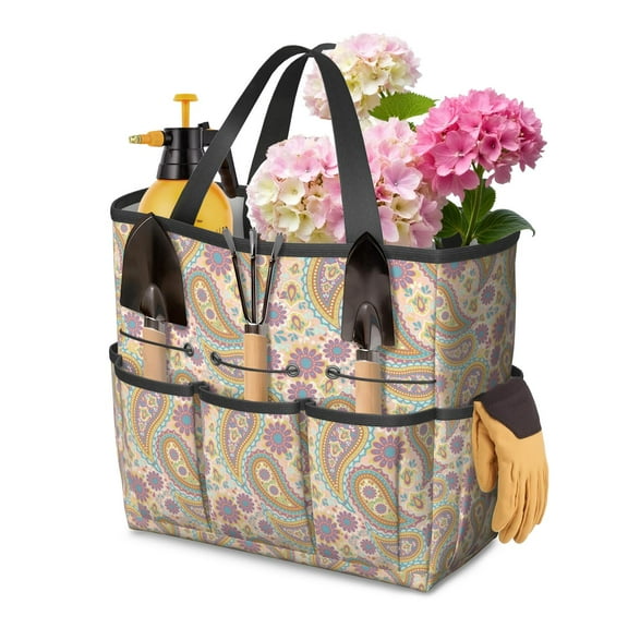 Bright Paisley Garden Tools Bag, Water-proof Floral Oxford Garden Tote Home Organizer Gardening Tool Bag Kit Holder with 8 Pockets for Indoor and Outdoor Gardening(Tools Not Included)