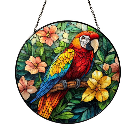 Bright Parrot Silhouette Stained Glass Style Decorative Window Panel, Tropical Hanging Art