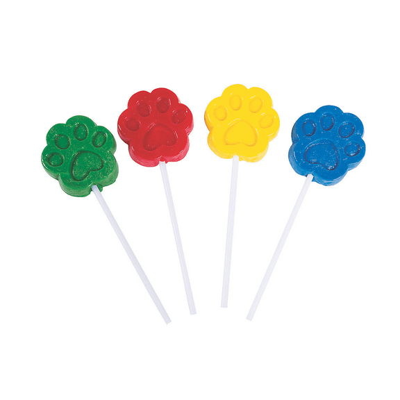 Bright Paw Print Lollipops 12 Ct., 2" Fruit Punch Suckers on 4" Sticks, Dog-Themed Party Candy