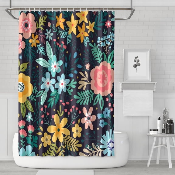 Bright Peony and Wildflower Curtain – Watercolor Botanical Art for Cheerful Modern Bathroom Look