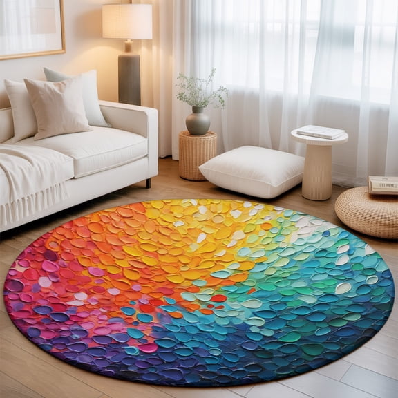 Bright Petals Small Round Rug 3Ft Abstract Colored Petals Swirls Area Rugs Washable Non Slip Indoor Floor Mats Circle Carpet for Living Room Bedroom Dining Room Home Decor