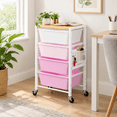 Pink Drawer Stuff Bright Pink 4-Drawer Rolling Utility Cart with Wooden Tabletop and ...