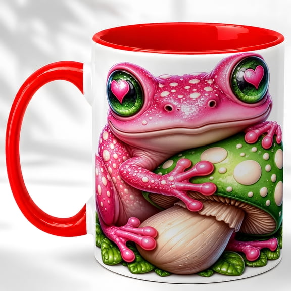 Bright Pink Frog Coffee Mug, Mushroom Frog Mug, Ceramic 11 oz