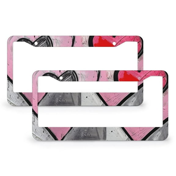 Bright Pink Hearts License Plate Frame 2 PCS Love Heart Holiday Decorations Funny License Plates for Girl Women Men Vehicles 2 Round Holes Metal License Plate Frames