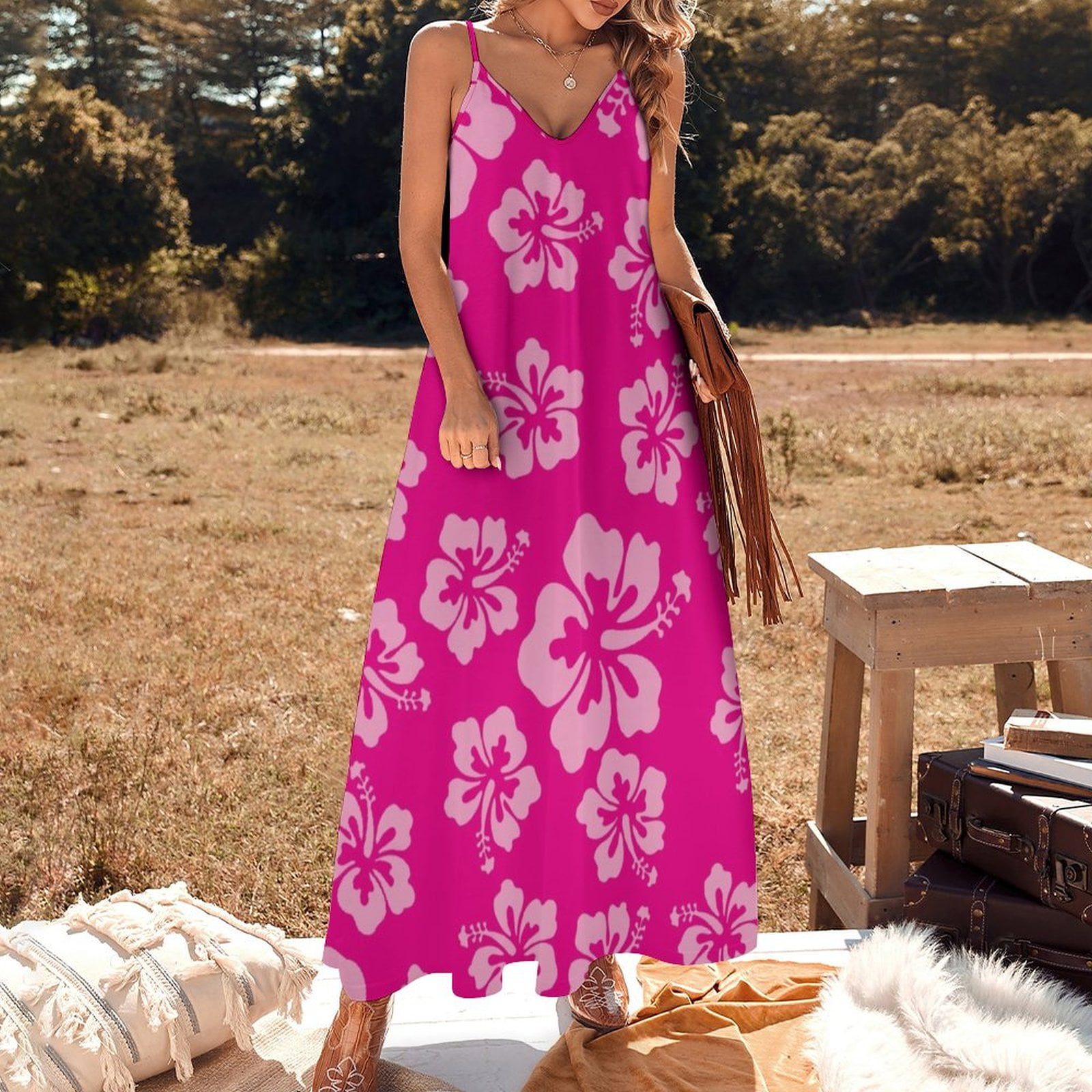 Bright Pink Hibiscus Hawaiian Flower Aloha Sleeveless Dress womens