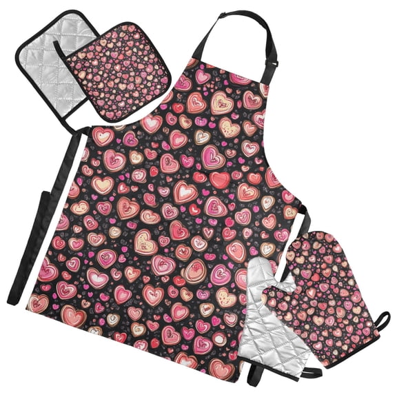 Bright Pink Love Oven Mitts and Pot Holders with Chef Apron Set 5 Pcs Kitchen Cooking Set