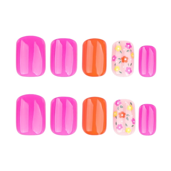 Bright Pink Orange Colorful Floral Pattern Press on Nails, Short Squoval Glossy Finish False Nails, 24 Count