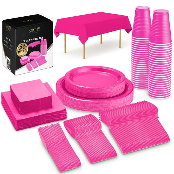Bright Pink Party Supplies Set Paper Plates Plastic Cups Forks Knives Spoons Napkins Tablecloth Serves 20 Guests Disposable Dinnerware Set of 222 Pieces, Complete Tableware for Party -By SparkSettings