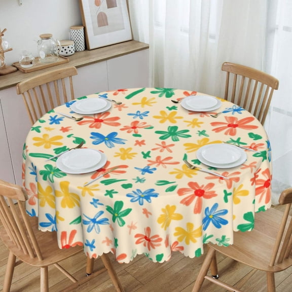 Colorful Crayon-Style Floral Round Tablecloth Waterproof Oil Proof Spill Proof Table Cloth 70" for Camping, Dining, Indoor and Outdoor Table Cover