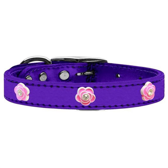Bright Pink Rose Widget Genuine Metallic Leather Dog Collar, Purple - Size 22