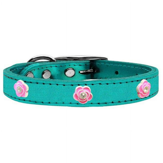 Bright Pink Rose Widget Genuine Metallic Leather Dog Collar, Turquoise - Size 26