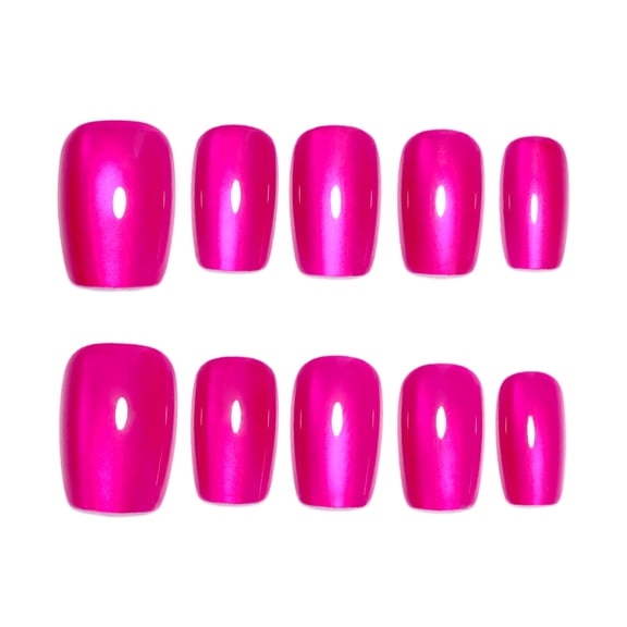 Bright Pink Solid Color Cat Eye Press on Nails, Short Squoval Glossy False Nails with Cat Eye Finish, 10 Count