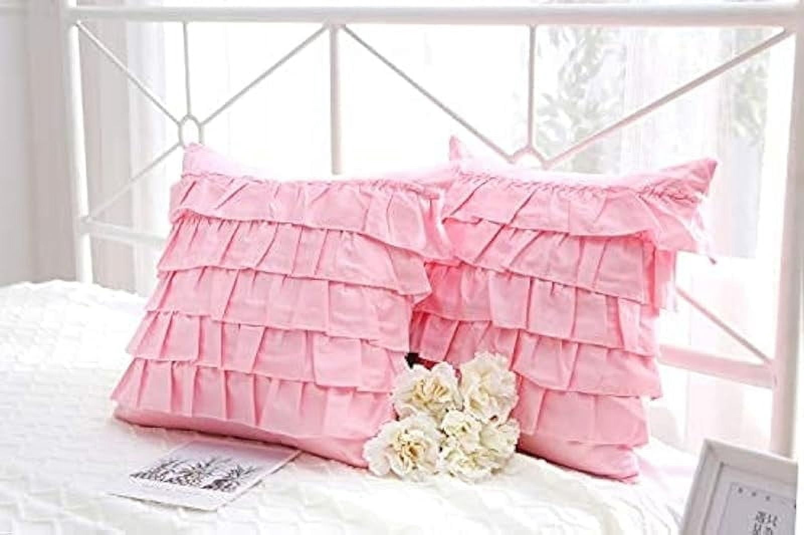 Bright Pink Throw Pillow Covers with Waterfall Ruffles 5 Lays Square Cushion Cases Egypt Cotton 18"X18" 2-Pack