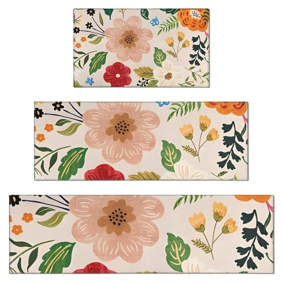 Bright Pioneer Flower Kitchen Rugs Sets Of 3,Kitchen Runner Rugs Non Skid Washable,Decorative Kitchen Floor Mats for Kitchen,Sink,Laundry,17"x30"+ 17"x47" + 17"x59"