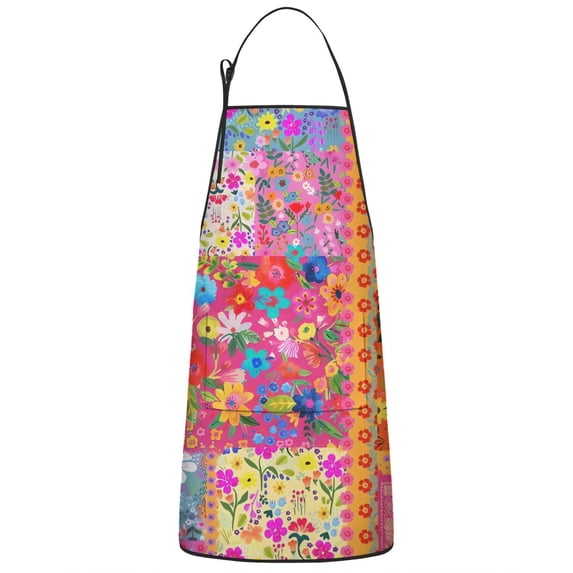 Bright Pioneer Flower Patchwork Apron-Garden Aprons for Women with Pockets-Cotton Linen Waterproof Kitchen Cooking Gardening Aprons Adjustable for Kitchen,Cooking,BBQ and Salon 33x27 Inch