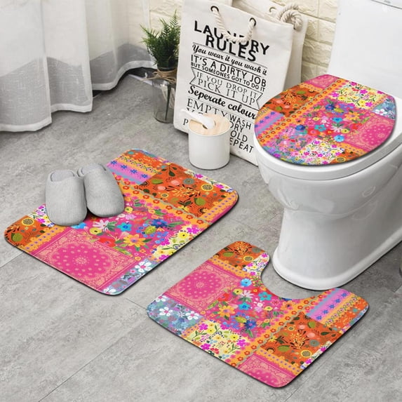 Bright Pioneer Flower Patchwork Bathroom Rugs Sets 3 Piece,Toilet Cover Set,Absorbent Non Slip Bathroom Mats Sets with U-Shaped Contour Rug Toilet Rug Set