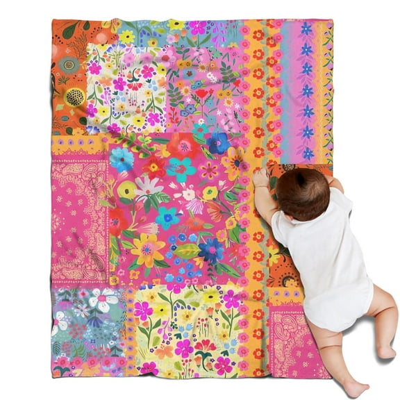 Bright Pioneer Flower Patchwork Blanket,Comfortable Soft Flannel Throw Blanket,All Season,Warm Lightweight Blankets for Sofa Bed Couch Living Room Chair,30"x40"