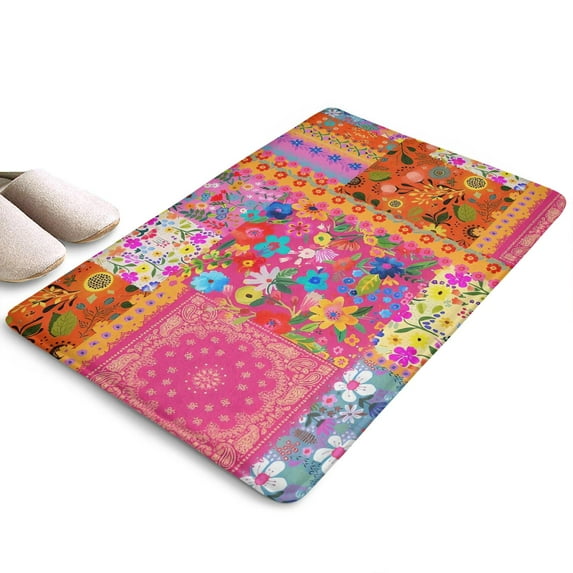 Bright Pioneer Flower Patchwork Flannel Non Slip Door Rugs,Washable Door Mats Indoor,Decorative Door Mats,Dirt-Resistant and Absorbent Doormat for Entrance,Bedroom,Kitchen,Bathroom,23.5x16in(60x40cm)