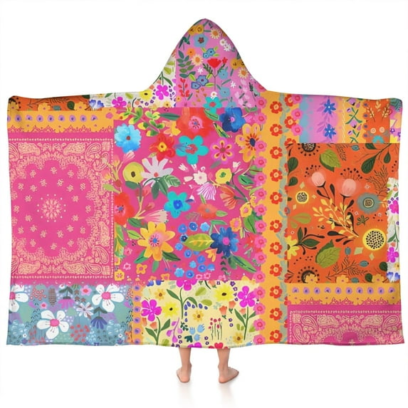 Bright Pioneer Flower Patchwork Hooded Bath Towel,60"x35" for Ages 3 To 12 Kids, Quick Dry Lightweight Soft Microfiber Hood Beach Towel Cover Up for Kids