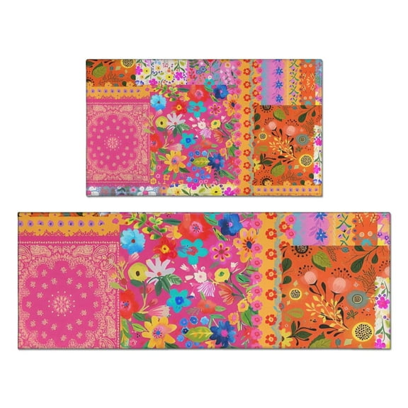 Bright Pioneer Flower Patchwork Kitchen Rugs Sets Of 2,Anti Fatigue Kitchen Mat Rugs Non Slip Washable,Decorative Kitchen Floor Mats for Kitchen,Sink,Laundry,17"x30"+17"x47"