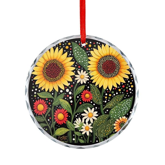 Bright Polka Dot Sunflowers And Daisies Glass Ornament Gift Exchange Present Ideas Sunflower Round Glass Christmas Ornaments