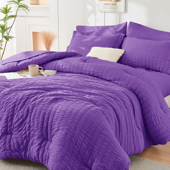 Bright Purple Comforter Set Seersucker 5 Pieces All Season Luxury Bed In A Bag For Bedroom Bedding With Sheets Pillowcase & Sham
