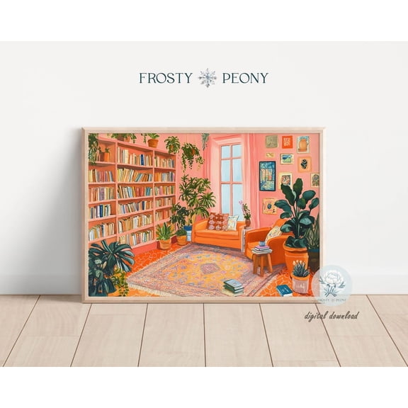 Bright Reading Corner Art Print, Cozy Bookshelves And Plants Art Print, Modern Literary Book Nook Art, Wall Art, Modern Wall Decor, 12x18 UNFRAMED