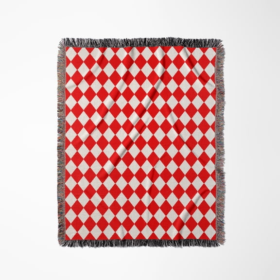 Bright Red And White Diamond Checkerboard Pattern, Woven Blanket