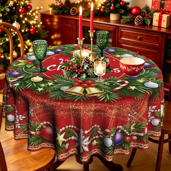 Bright Red Base Holiday Wreath Golden Bell Holly Berry Cursive Merry Christmas Polyester Round Tablecloth,35/50/60/70 inch,Dining Table Holiday Party Decor