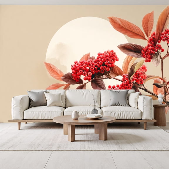 Bright Red Berries autumn Orange Leaves Against Soft minimalist Peel and Stick Wall Murals 69"H x 96"W Removable PVC Wallpaper Self-Adhesive Wall Paintings for Bedroom Living Room